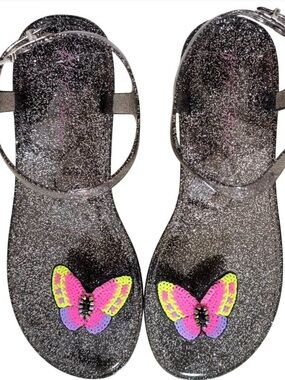 Betsey Johnson Black Glitter Jelly Sandals with Neon Butterfly Accent